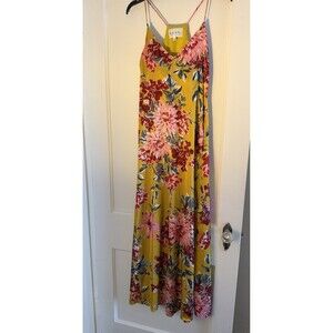 Nicole Miller New York Yellow Floral Satin Maxi Dress Pockets Size 4
